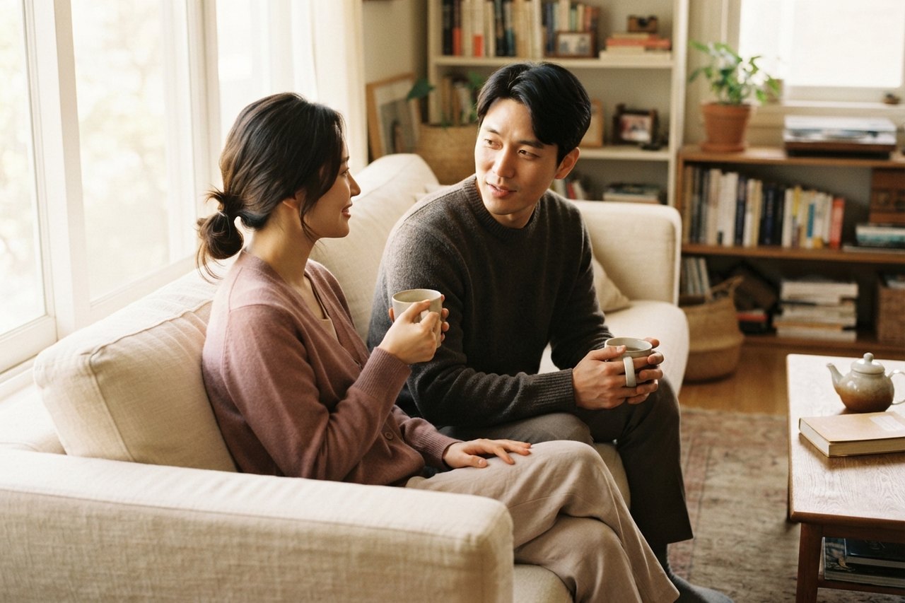 연인 사이의 침묵, 일상의 공간에서 마음을 나누는 대화의 기술 — AI 연출 이미지